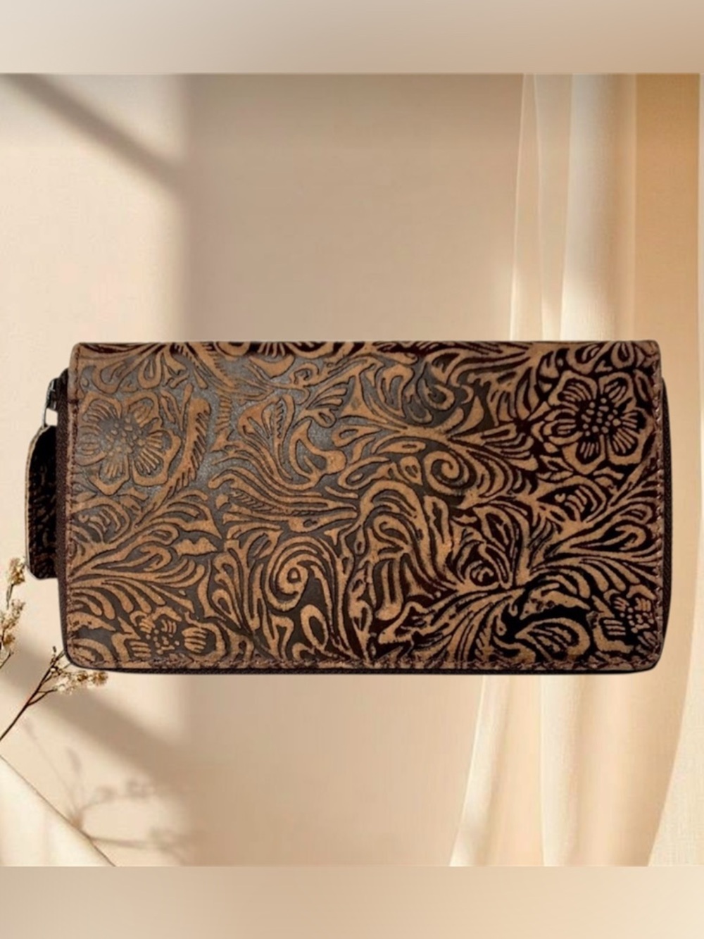 Embossed Floral Leather Zip Wallet - Brown and Black
